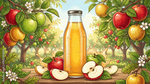 A vibrant illustration of a glass bottle of fresh apple juice in a sunny orchard. Surrounded by red and green apples, blossoms, and leaves. Ideal for organic beverage ads.