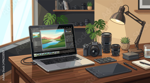 Illustration of a photographer's creative workspace. A cozy desk with a laptop for photo editing, a camera, lenses, and a graphic tablet. Ideal for creative profession concepts.