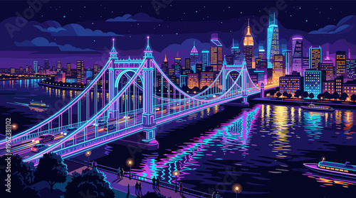 A vibrant, futuristic neon cityscape at night. This glowing vector illustration shows a bridge and skyline over water, perfect for tech, nightlife, or urban-themed projects.