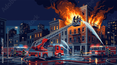 Dramatic illustration of firefighters extinguishing a blazing building fire at night. A heroic emergency response team in an urban rescue operation. Ideal for safety concepts.