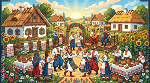 Vibrant illustration of a joyful Ukrainian folk festival. People in traditional costumes dance and celebrate in a village. Perfect for cultural, travel, or festive themes.