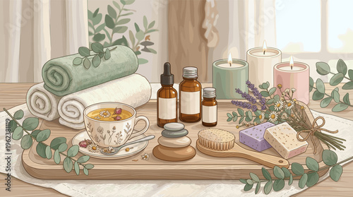 Illustration of a serene home spa setting. Features aromatherapy, herbal tea, candles, and natural cosmetics for wellness, relaxation, and self-care routines. Cozy and tranquil.