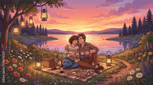 A loving couple enjoys a romantic picnic by a lake at sunset. This cozy, warm illustration is perfect for relationship, travel, or lifestyle themes. Lanterns glow in the dusk.