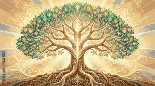 A mystical, ornate Tree of Life illustration with intricate roots and branches. The warm, golden background evokes spirituality, growth, and connection. Ideal for wellness or fantasy.