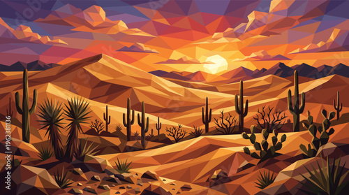 A vibrant, low poly vector illustration of a desert landscape at sunset. Warm, geometric scenery with mountains and cacti. Perfect for travel, nature, or modern design.