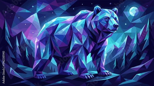 A majestic bear in a modern low-poly style stands in a mystical night landscape of blue and purple crystals. Perfect for tech, gaming, or fantasy-themed projects.