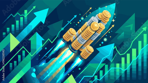 A dynamic illustration of a rocket made of coins launching upwards over growing financial charts. Symbolizes investment success, stock market boom, and economic growth.