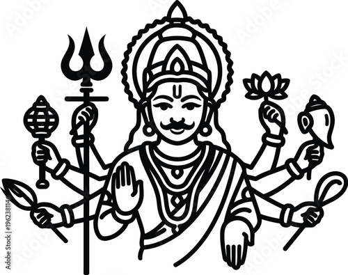 A detailed black and white line art illustration of the hindu deity vishnu with multiple arms