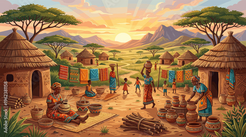 Illustration of a traditional African village with people during sunset. Women weave baskets and make pottery, showing a peaceful community and cultural life.