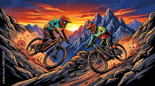 Two mountain bikers in an extreme downhill race at sunset. A dynamic illustration of adventure, speed, and competition in a mountain landscape, perfect for sports and action themes.