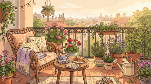 Cozy illustrated balcony with a garden, coffee, and croissant. A relaxing urban oasis view for slow living, mindfulness, and background content.