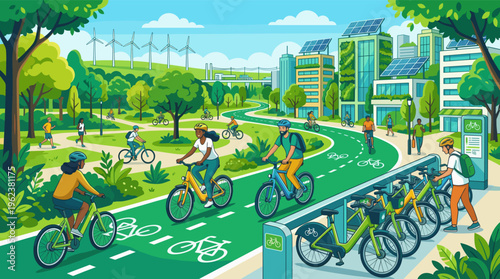 Illustration of a modern eco-city with diverse people cycling in a park. Features renewable energy, solar panels and wind turbines. Concept for sustainability and healthy living.