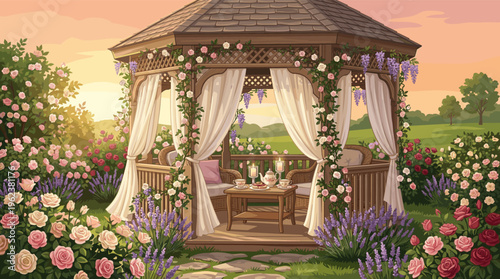 An idyllic garden gazebo with a tea set, surrounded by roses and lavender at sunset. This romantic, peaceful illustration is perfect for invitations, book covers, and backgrounds.