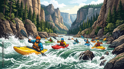 An adventurous group kayaking on a wild river through a scenic canyon. This action-packed illustration evokes excitement, teamwork, and outdoor sport. Perfect for travel concepts.