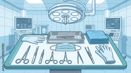 Illustration of a clean, modern operating room. A table with sterile surgical instruments prepared for a procedure. Perfect for healthcare, medical, and hospital concepts.