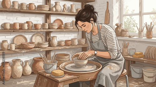 Illustration of a skilled female potter creating handmade ceramics. A focused artist at her wheel in a cozy workshop. Concept for hobby, small business, and creative craft.