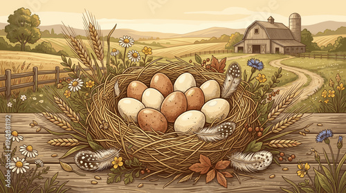 A charming illustration of a nest full of fresh eggs on a rustic farm. This idyllic country scene is perfect for organic branding, Easter, and farm-to-table concepts.