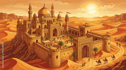 Vibrant illustration of a majestic Arabian desert city at sunset. A camel caravan approaches the ancient fortress, evoking a sense of fantasy, history, and adventure.