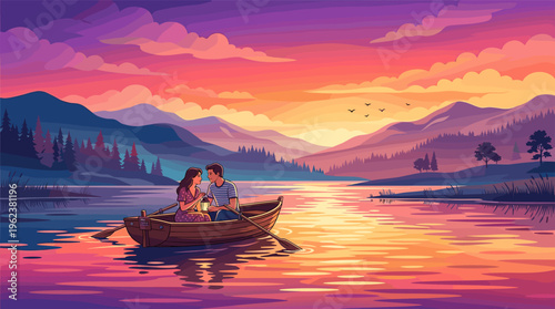 A loving couple on a romantic boat date, floating on a calm lake at sunset. A beautiful, serene illustration perfect for romance, travel, or relationship themes.