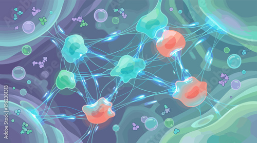 A vibrant illustration of a neural network with glowing synapses connecting colorful cells. Perfect for science, tech, AI, and medical concepts.