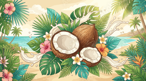 Vibrant illustration of fresh coconuts and milk splash on a sandy beach. Surrounded by tropical palm leaves, hibiscus, and frangipani. Ideal for summer, food, or beauty concepts.