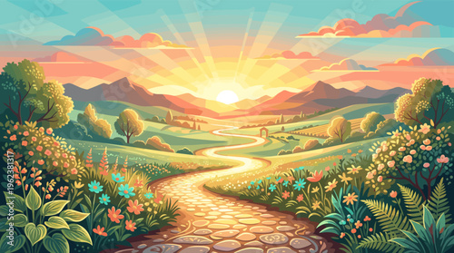 A beautiful illustrated fantasy landscape with a winding path through a flower-filled valley. A warm sunrise over the mountains creates a peaceful and idyllic scene. Vector art.