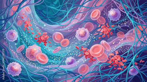 A vibrant illustration of the circulatory system showing red and white blood cells flowing through veins. A dynamic medical background for science, biology, and healthcare concepts.