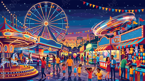 A vibrant illustration of a bustling amusement park at night. Diverse families and children enjoy rides and games under colorful lights. Perfect for summer events or family fun.