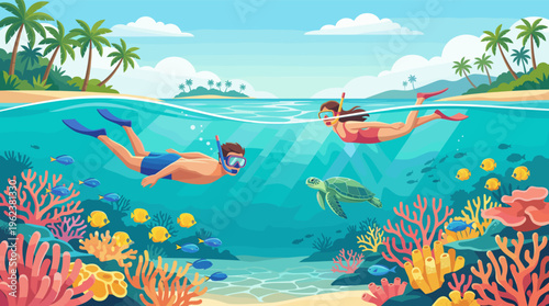 Happy couple snorkeling in a clear tropical sea, exploring a vibrant coral reef with fish and a turtle. Perfect for travel, vacation, and summer adventure concepts. Vector.