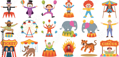 Set of colorful circus characters and amusement park elements, fun carnival icons and attractions in playful flat vector illustration collection