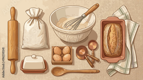 A charming, rustic illustration of bread baking ingredients. This top-down view shows flour, eggs, and tools, perfect for bakeries, recipes, or cozy food blogs.