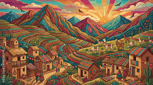 Vibrant illustration of a traditional Andean mountain village with llamas and terraced fields at sunset. A colorful folk art style perfect for travel or cultural themes.