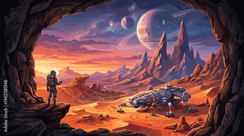 An astronaut explorer observes a vast alien planet landscape from a cave. A futuristic spaceship and rovers explore the valley at sunset. Sci-fi concept for adventure and discovery.