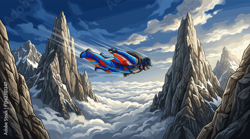 Illustrated daredevil in a wingsuit flies at high speed between snowy mountains above clouds. Concept for freedom, extreme sports, adventure, and courage. Dynamic vector art.