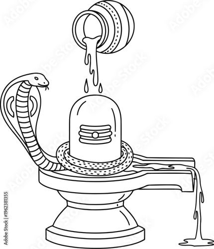 A detailed black and white line art illustration of the hindu deity shiva lingam with a cobra