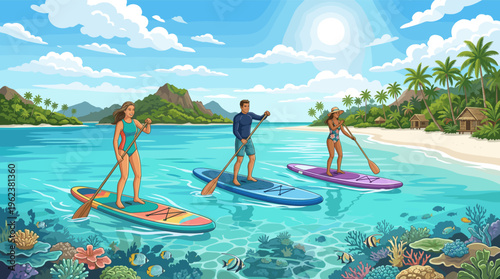 A group of friends enjoy stand-up paddleboarding in a clear turquoise lagoon. A tropical island with a sandy beach and coral reef creates a paradise vacation scene. Vector.