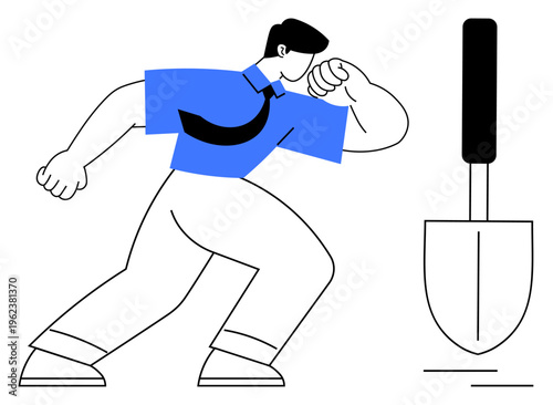 Career challenges, professional growth, perseverance, teamwork, problem-solving, success. Stylized man confronting a shovel. Professional growth and perseverance concept