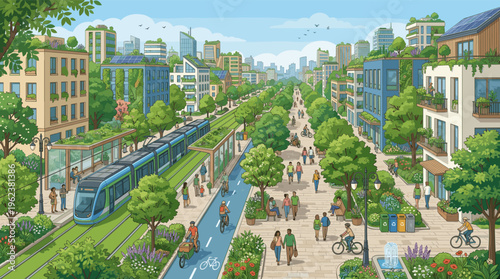 Vibrant illustration of a sustainable future city with eco-friendly transport and green buildings. People enjoying a healthy urban lifestyle. Perfect for environmental themes.