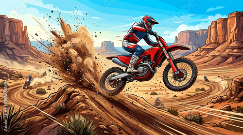 Dynamic illustration of an extreme motocross race in a desert canyon. A rider kicks up dirt, perfect for sports, adventure, and high-energy concepts.