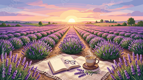 A serene illustration of a picnic with a book and tea in a lavender field at sunset. Evokes peace and relaxation, perfect for wellness, travel, or mindfulness concepts.