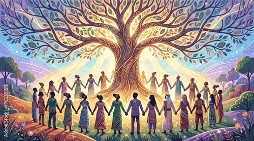 An illustration of a diverse community holding hands around a glowing tree of life. A concept of unity, harmony, peace, connection, and multiculturalism. Hopeful and inspiring.