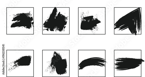 Vector black grunge brush stroke square frames set. Hand drawn ink texture borders and abstract design elements.