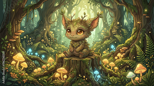 A cute fantasy creature, a forest spirit, sits on a stump in a magical forest. The scene is filled with glowing mushrooms, fireflies, and enchanting light. For fantasy themes.