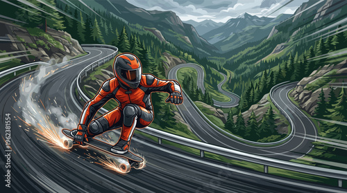 An adrenaline-fueled longboarder in protective gear speeds down a winding mountain pass, wheels sparking. This dynamic vector illustration is perfect for extreme sports concepts.