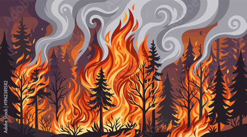 A dramatic vector illustration of a forest fire. Intense flames and smoke engulf pine trees. A concept for climate change, disaster, danger, and environmental crisis.