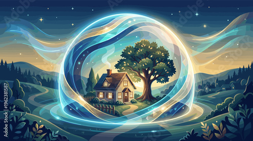 A fantasy illustration of a cozy house protected inside a glowing energy bubble at night. Concept for safety, home insurance, security, and peaceful living.