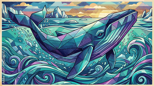 A majestic whale swims in a cold arctic ocean. This powerful illustration in a modern geometric style is perfect for nature, wildlife, or environmental conservation themes.