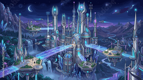 Vibrant illustration of a futuristic alien city at night. Floating platforms, glowing architecture, and flying cars create a magical, high-tech world for sci-fi or fantasy concepts.