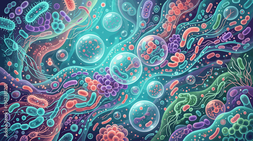 A vibrant illustration of a microscopic world with bacteria, viruses, and cells. This colorful science background is perfect for biology, health, and microbiome research themes.