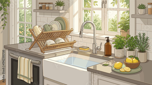 A cozy kitchen illustration with morning sunlight streaming through a window. This peaceful scene features a farmhouse sink, plants, and herbs, perfect for calm backgrounds.